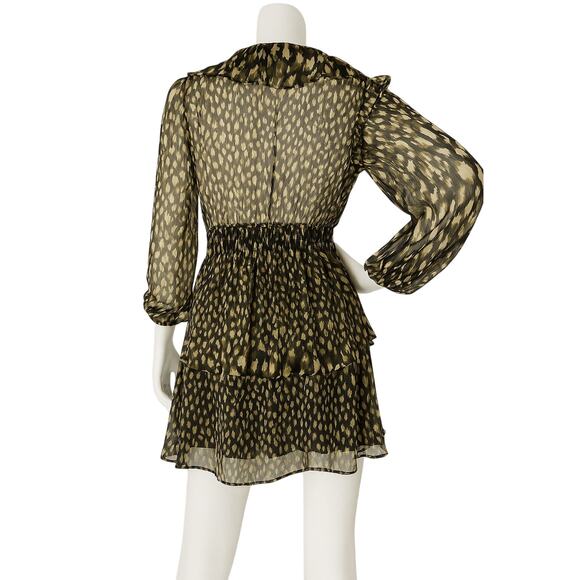 Zara Chiffon Ruffle V-Neck Mini Dress | Black Beige Print | Size Medium - Picture 3 of 4